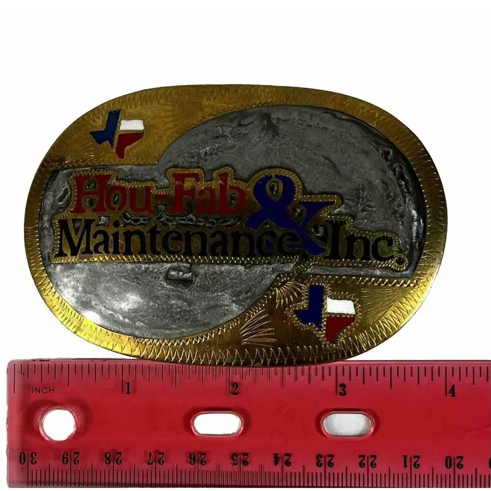 Hou-Fab Maintenance Custom Houston Livestock Show Rodeo Belt Buckle w Inlays VTG